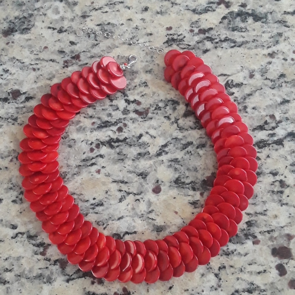 Red coral stone 3 strand necklace Sterling Silver